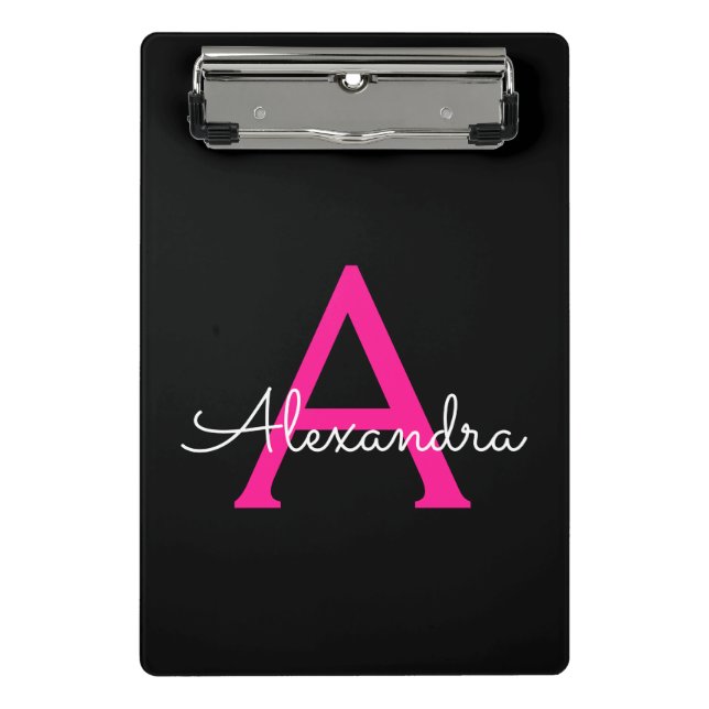 Hot Pink Black Script Name der Girl Monogram Mini Klemmbrett (Vorderseite)
