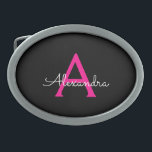 Hot Pink Black Script Name der Girl Monogram Ovale Gürtelschnalle<br><div class="desc">Schwarz und Heiß rosa Einfache Skriptmonogramm Name Gürtelschnalle. Das macht den perfekten Abschluss,  süß 16 16.,  18.,  21.,  30.,  40.,  50.,  60.,  70.,  80.,  90.,  100. Geburtstag,  Hochzeit,  Brautparty,  Jubiläum,  Babydusche oder Junggeselinnen-Abschied Geschenk für jemanden,  der Luxus und Chic Stil Lieben glänze.</div>