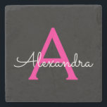 Hot Pink Black Script Name der Girl Monogram Steinuntersetzer<br><div class="desc">Schwarz und Heiß rosa einfache Skriptmonogramm Name Stone Tile. Das macht den perfekten Abschluss,  süßen 16 Geburtstag,  Hochzeit,  Brautparty,  Jubiläum,  Babydusche oder Junggeselinnen-Abschied Geschenk für jemanden,  die Lieben glamourösen Luxus und schicke Stile.</div>