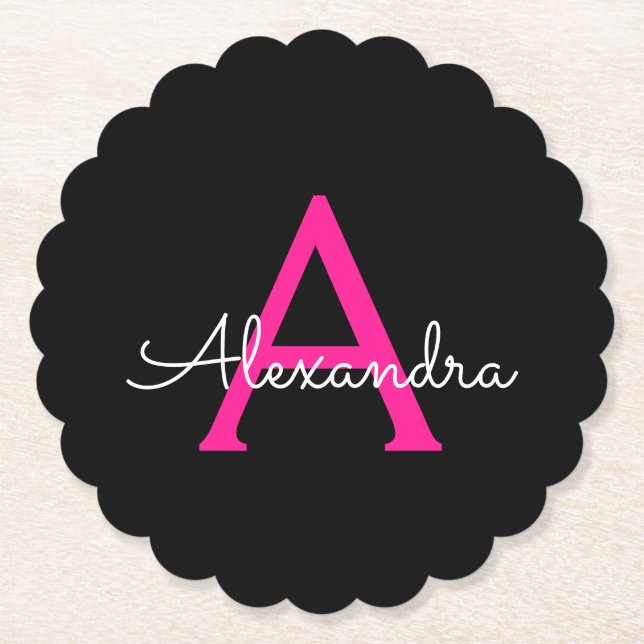 Hot Pink Black Script Name der Girl Monogram Untersetzer (Vorderseite)