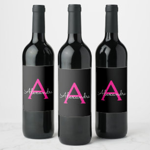 Hot Pink Black Script Name der Girl Monogram Weinetikett
