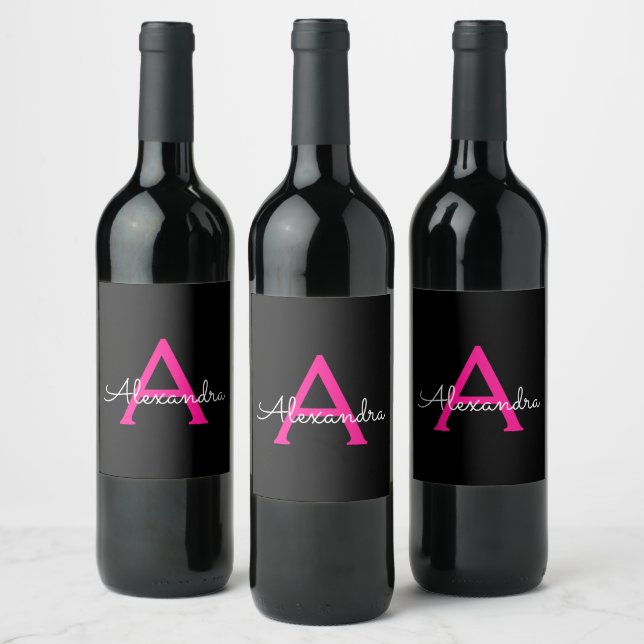 Hot Pink Black Script Name der Girl Monogram Weinetikett (Flaschen)