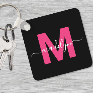 Hot Pink Black Script Name Monogram Schlüsselanhänger