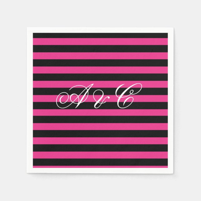 Hot Pink & Black Stripes Party Napkins Serviette (Vorderseite)