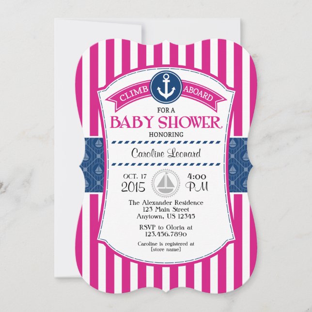 Hot Pink Blue Nautical Baby Dusche Einladung (Vorderseite)