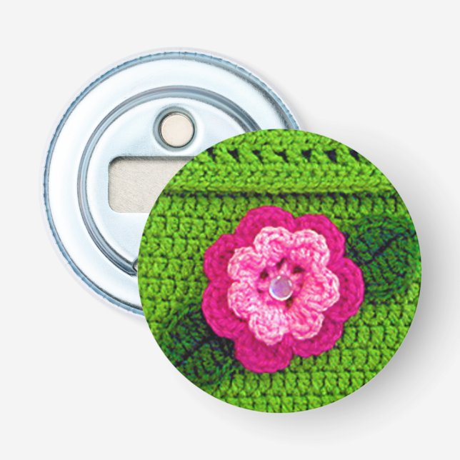 Hot Pink Blume Nature Green Unique Crochet Print Flaschenöffner (Vorderseite)