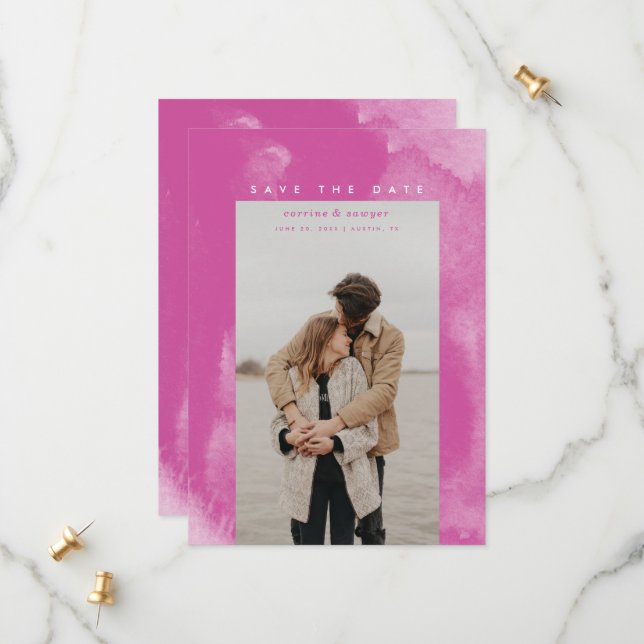 Hot Pink Boho Wasserfarbe Save the Date (Vorderseite/Rückseite Beispiel)