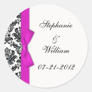 Hot Pink Bow Classic Damask Wedding Label Runder Aufkleber