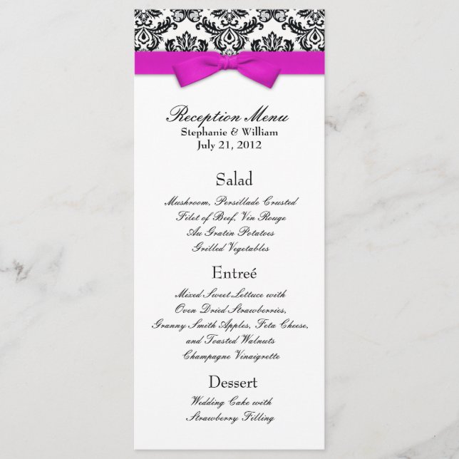Hot Pink Bow mit Damask Wedding Empfang Menu Menükarte (Vorderseite)
