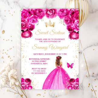 Hot Pink Brown Hair Princess 16 . Geburtstag Einladung