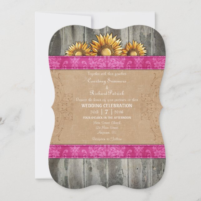 Hot Pink Brown Rustic Sonnenblume Hochzeit einlade Einladung (Vorderseite)