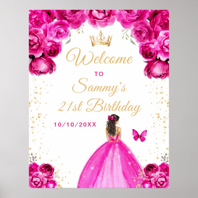 Hot Pink Brünett Hair Princess Geburtstag Willkomm Poster (Vorne)