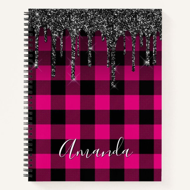 Hot Pink Buffalo Kariert Black Glitzer Tropfen Notizbuch (Vorderseite)