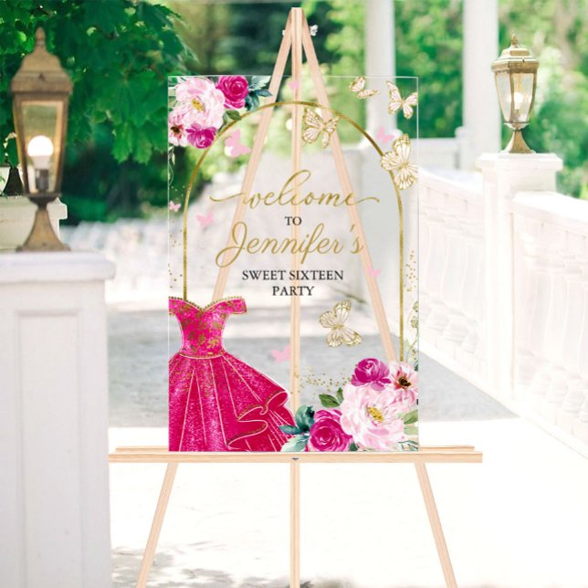 Hot Pink Butterfly Sweet 16 Willkommen Acrylschild (Von Creator hochgeladen)