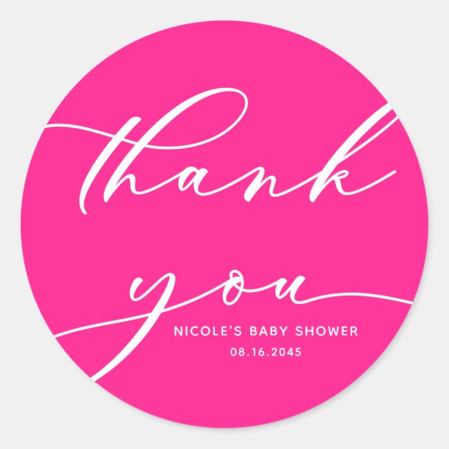 Hot Pink Calligraphy Baby Dusche Vielen Dank Runder Aufkleber (Vorderseite)