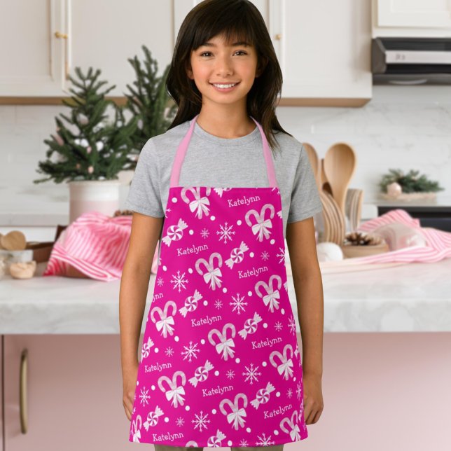 Hot Pink Candy Cane Peppermint Snowflakes Name Schürze (Von Creator hochgeladen)