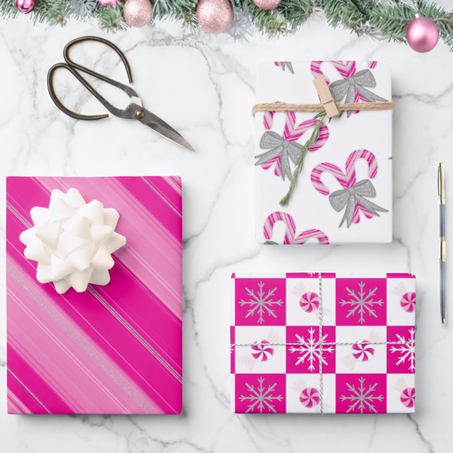 Hot Pink Candy Canes Peppermint, Snowflakes & Bows Geschenkpapier Set (Von Creator hochgeladen)