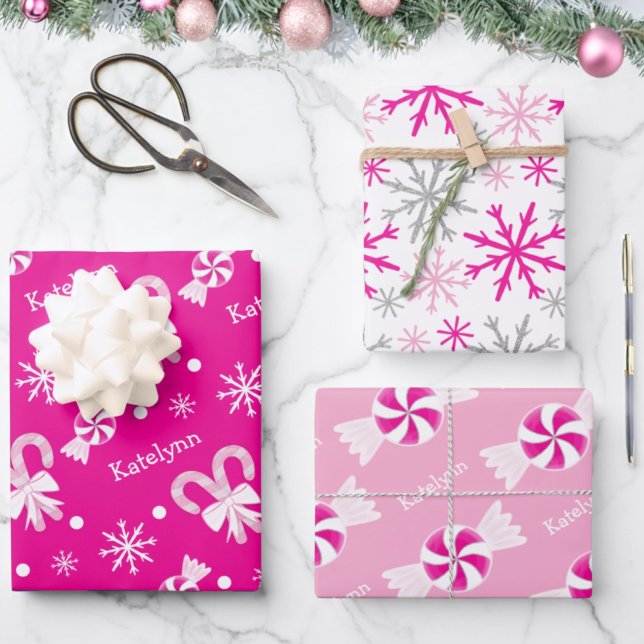 Hot Pink Candy Canes Peppermint & Snowflakes Name Geschenkpapier Set (Von Creator hochgeladen)