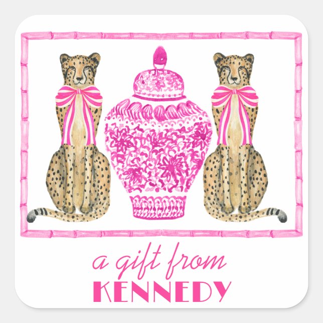Hot Pink Cheetah Chinoserie Geschenksticker Quadratischer Aufkleber (Vorderseite)