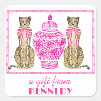 Hot Pink Cheetah Chinoserie Geschenksticker Quadratischer Aufkleber