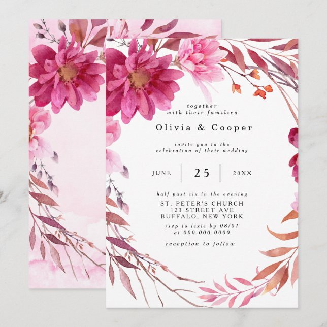 Hot Pink Chrysanthemum Wreath Wedding Einladung (Vorne/Hinten)