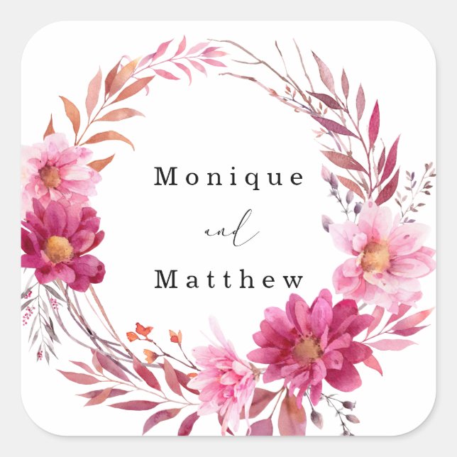 Hot Pink Chrysanthemum Wreath Wedding Quadratischer Aufkleber (Vorderseite)