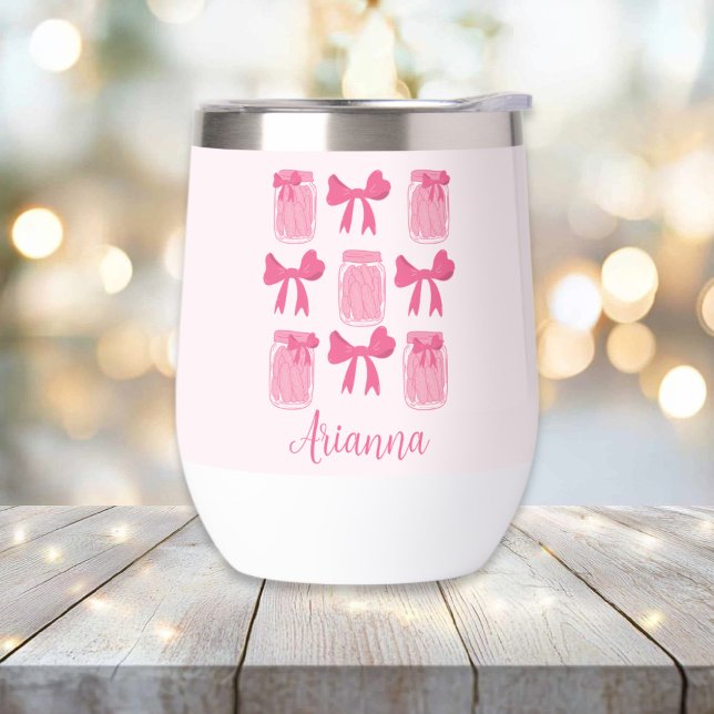 Hot Pink Coquette Pickle Jar und Bow Personalisier (Hot Pink Coquette Pickle Jar and Bow Personalized Stemless Thermal Wine Tumbler)