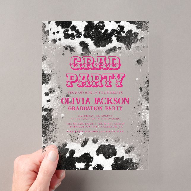 Hot Pink Cow Print Western Abschluss Acryleinladungen (Insitu (Handheld))