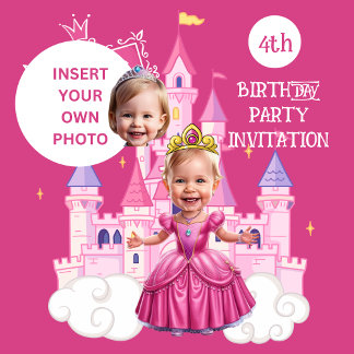 Hot Pink Custom 4 Birthday Princess Karikatur Einladung