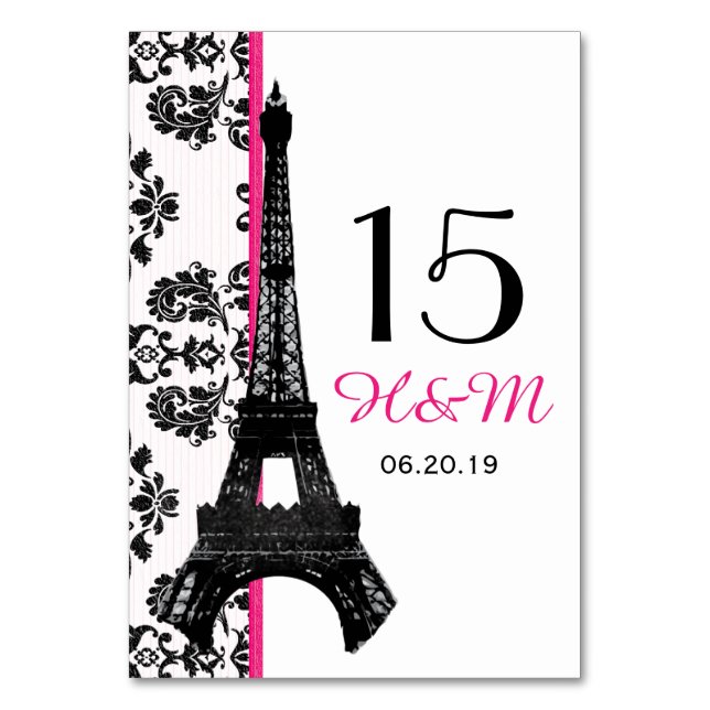 HOT PINK DAMASK EIFFEL TOWER PARISIAN WEDING TISCHNUMMER (Vorderseite)