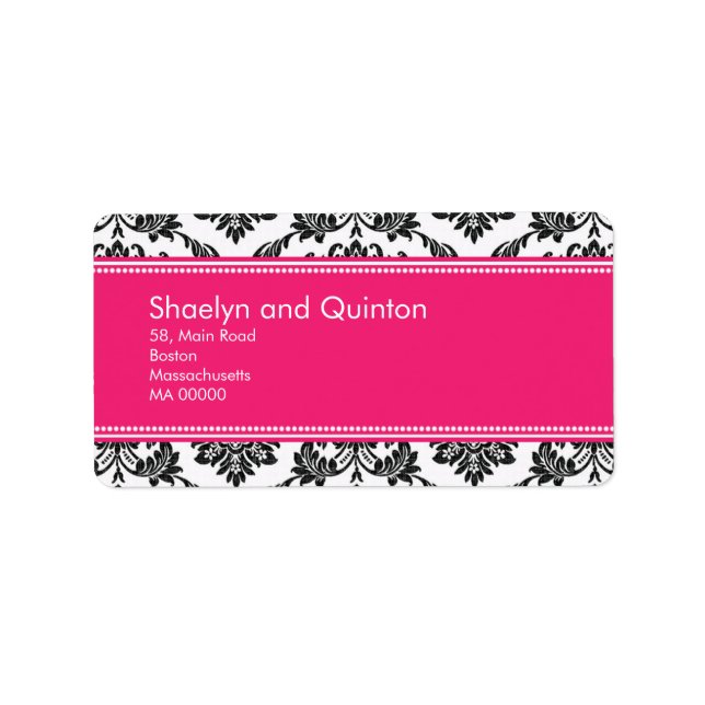 Hot Pink Damask Hochzeitadressen-Labels Adressaufkleber (Vorne)