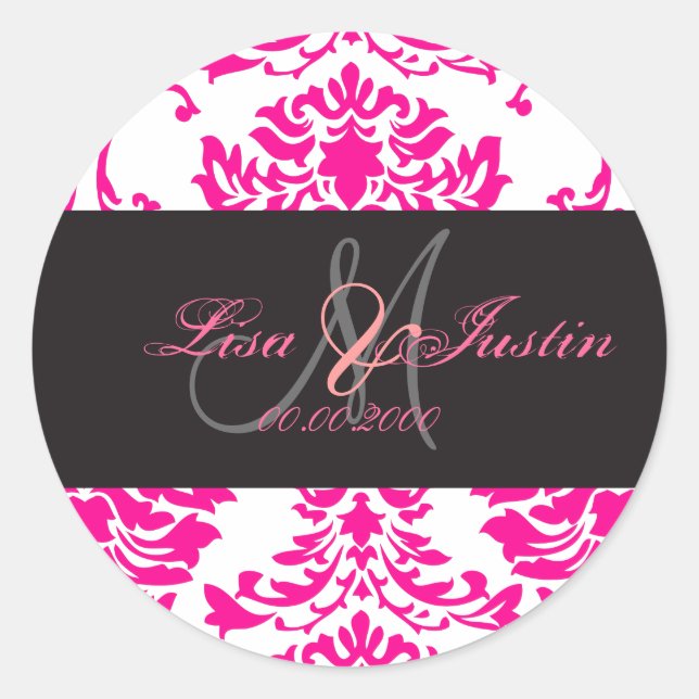 Hot Pink Damask, Monogramm-Aufkleber Runder Aufkleber (Vorderseite)