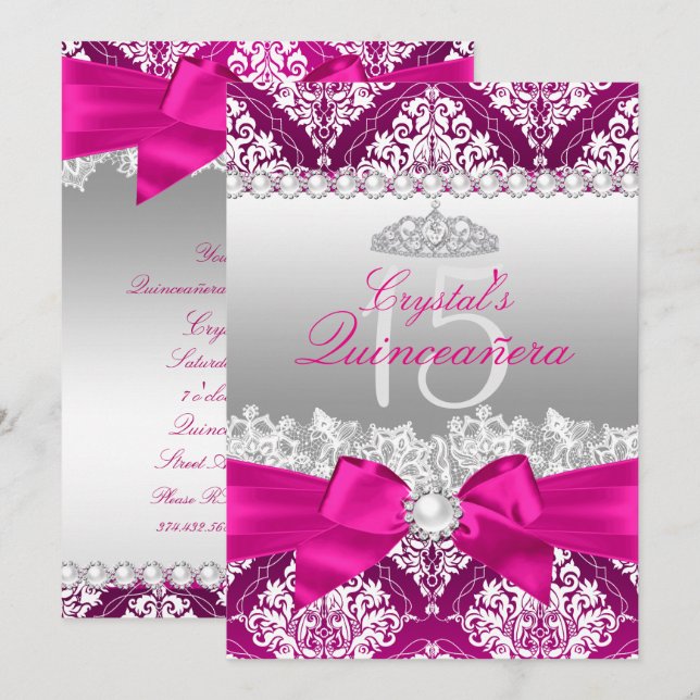 Hot Pink Damask & Pearl Bow Quinceanera Einladung (Vorne/Hinten)