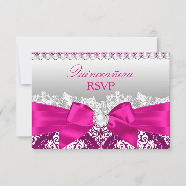 Hot Pink Damask & Pearl Bow Quinceanera UAWG RSVP Karte (Vorderseite)