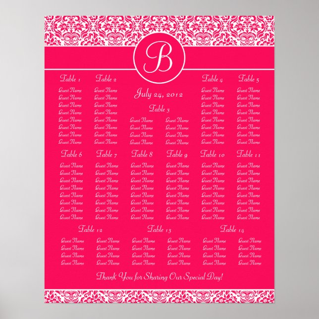 Hot-Pink-Damask-Sitzkarte für den Empfang Poster (Vorne)