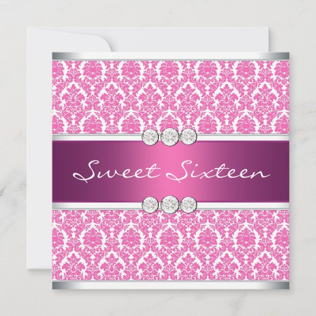 Hot Pink Damask Sweet 16 Party Einladung (Vorderseite)