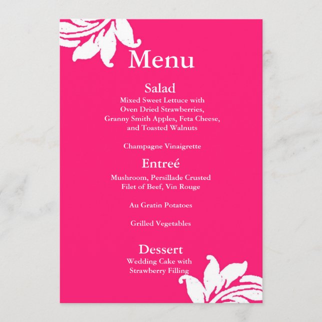 Hot Pink Damask Wedding Menu Menükarte (Vorderseite)