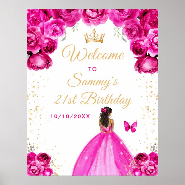 Hot Pink Dark Skin Princess Geburtstag Willkommen Poster (Vorne)