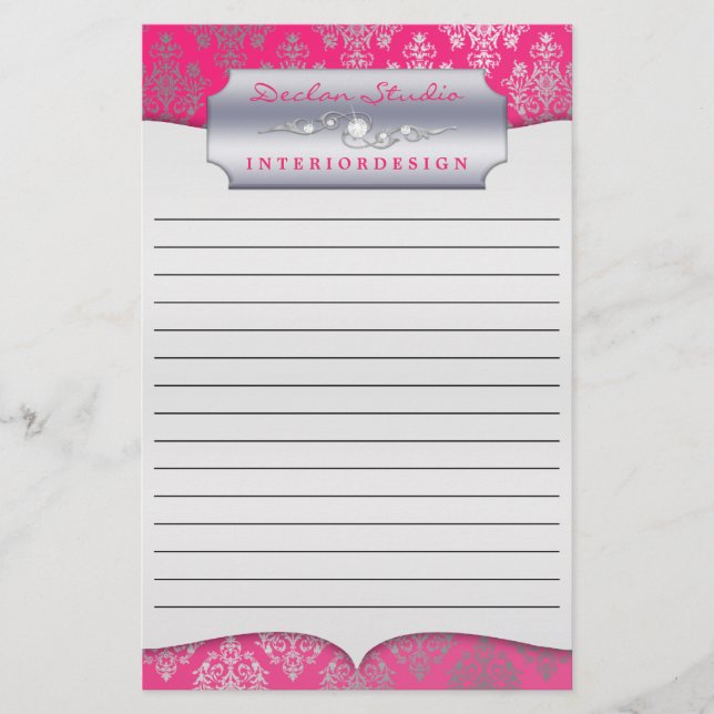 Hot Pink Dashing Damask Lined Business Stationär Briefpapier (Vorderseite)