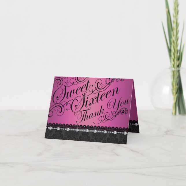 Hot Pink Diamond & Damask Sweet16 Danke Karte (Vorderseite)