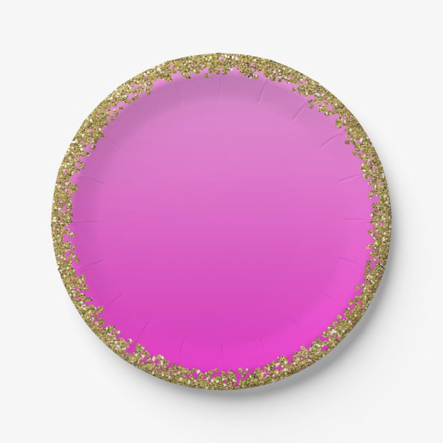 Hot Pink Dipped Gold Glitzer Glam Sparkon Party Pappteller (Vorderseite)