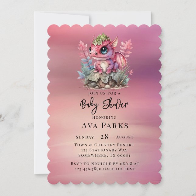 Hot Pink Dragon Girl Babydusche Einladung (Vorderseite)
