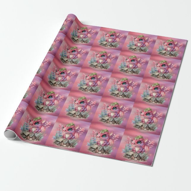 Hot Pink Dragon Girl Babydusche Geschenkpapier (Ungerollt)