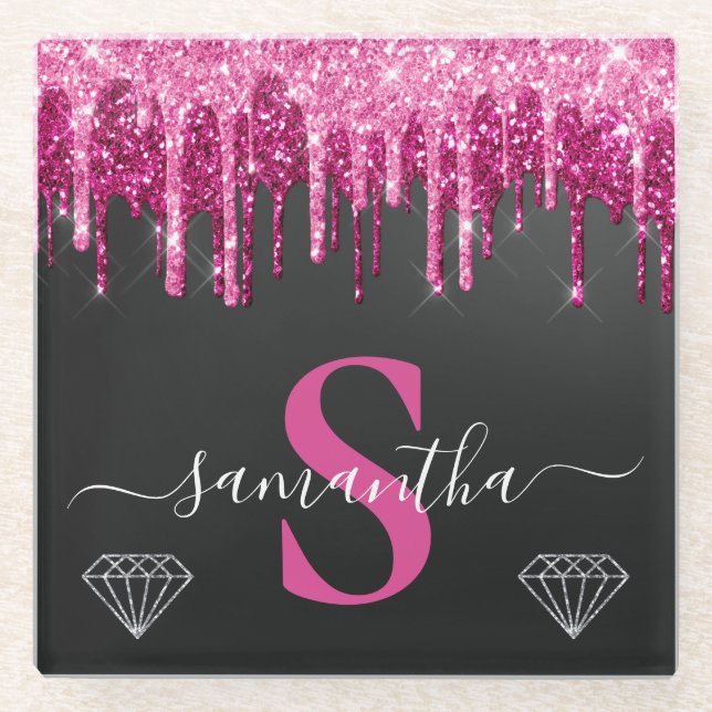 Hot-Pink-Drilling-Glitzer auf Schwarz-Monogramm Glasuntersetzer (Vorderseite)