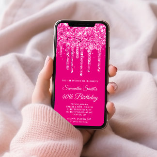 Hot Pink Dripping Glitzer 40. Geburtstag Einladung