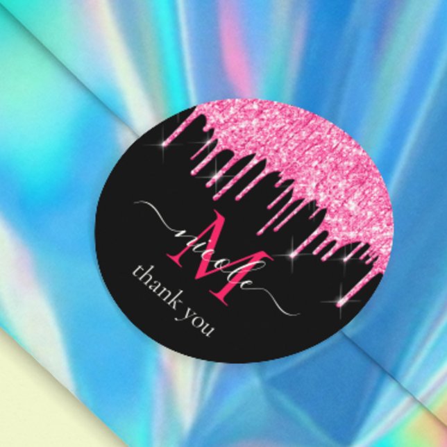 Hot-Pink-Driving-Glitzer + Black Monogram Dankesch Runder Aufkleber (Von Creator hochgeladen)