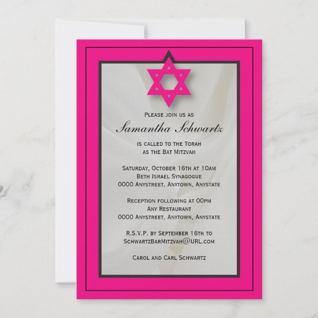 Hot Pink Elegant Fabric Bat Mitzvah Einladung (Vorderseite)
