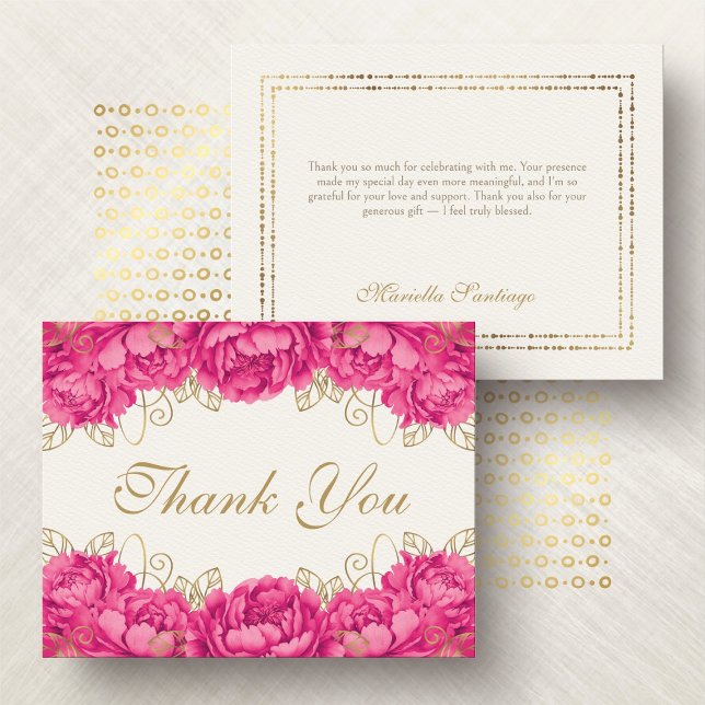 Hot Pink Elegant Floral Quinceanera Dankeskarte (Von Creator hochgeladen)
