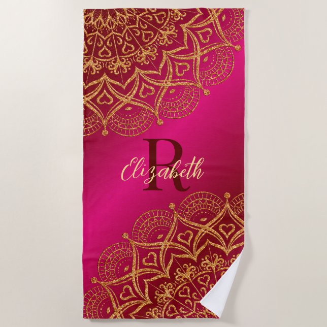 Hot Pink Elegant Mandala Monogram Summer Strandtuch (Vorderseite)