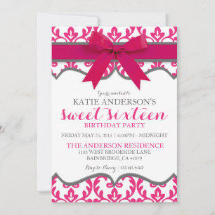 Hot Pink Elegante Damask 16 . Geburtstag Einladung